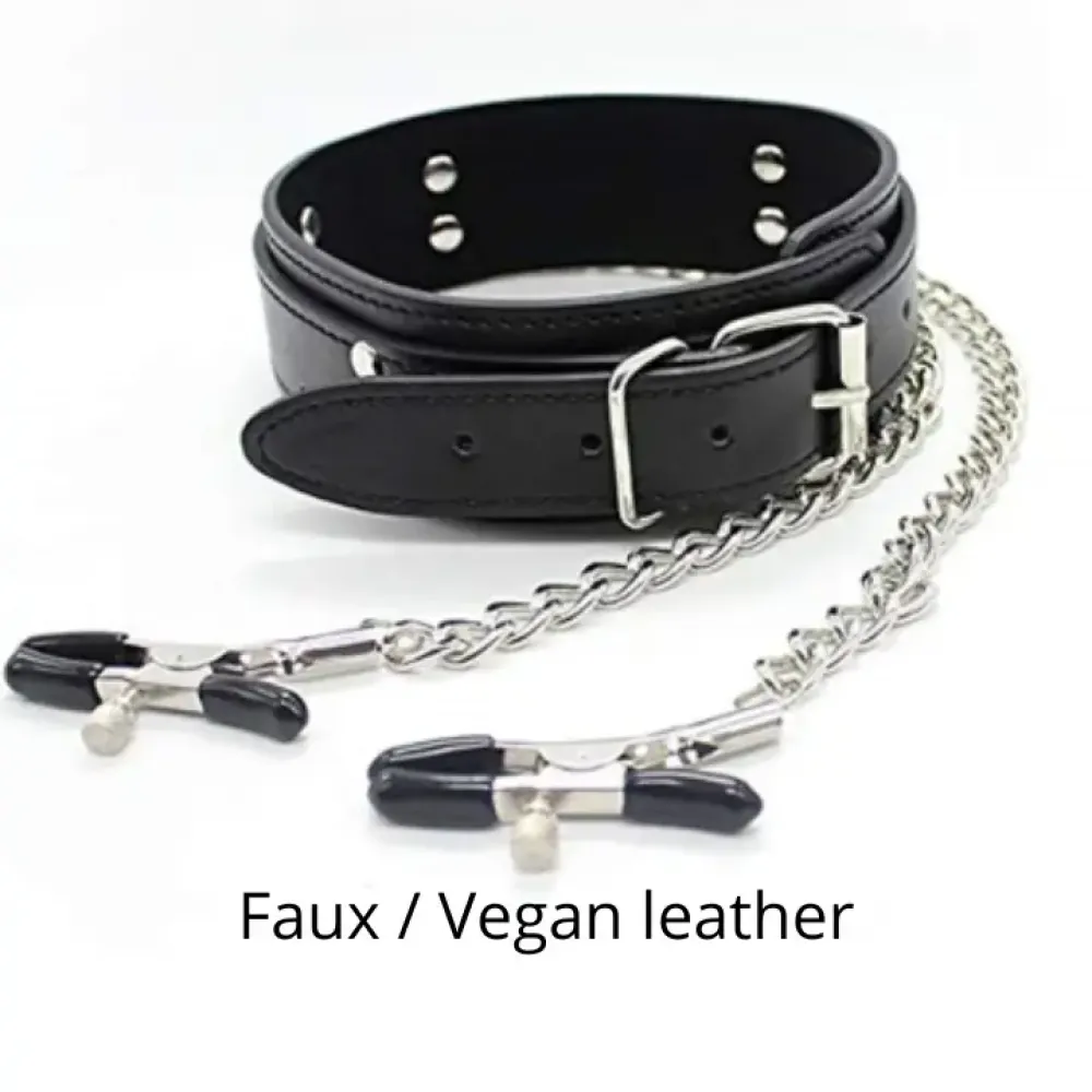 BDSM Hals band Faux leather met tepel klemmen