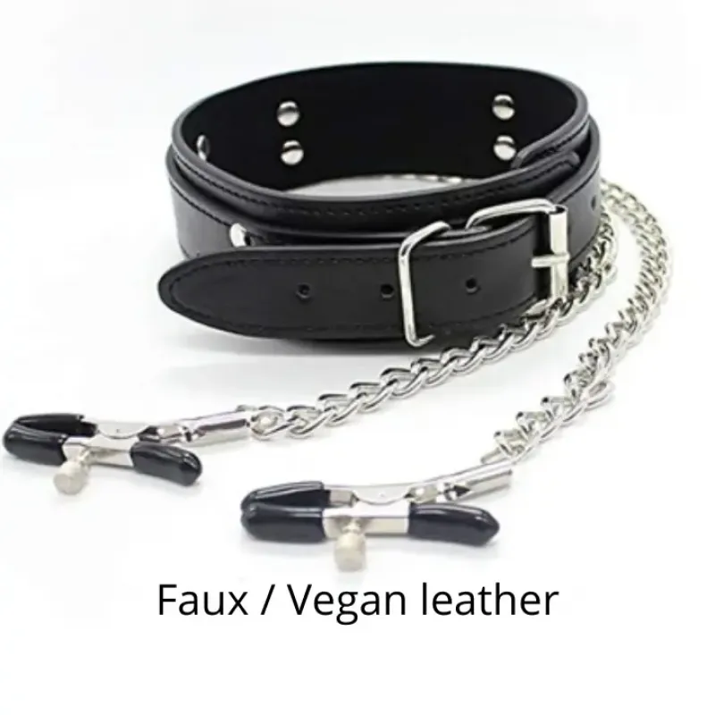 BDSM Hals band Faux leather met tepel klemmen