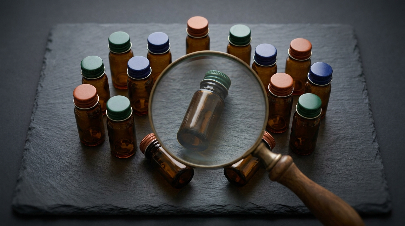 Kleine amberkleurige poppers-flesjes op een donkere ondergrond, waarvan één onder een vergrootglas wordt bekeken