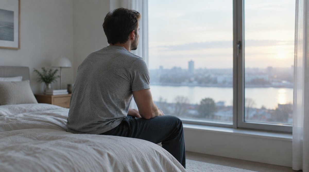 Man zit rustig op de rand van zijn bed en kijkt naar het ochtendlicht door het raam